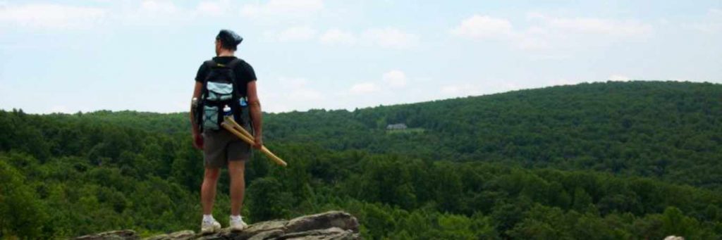 man standing on rock looking green forest in peaceful cloudy sky