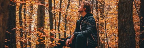 man sits on chair in red leaves forest feeling uncertain
