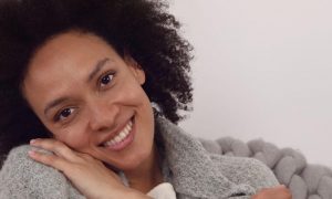 woman head on shoulder happy face smiling