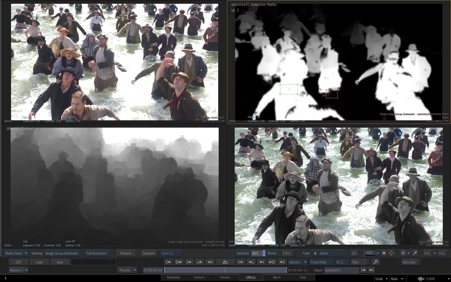 Autodesk Flame can generate a depth map from a real world image without additional on-set equipment. Here the neural net has identified those subjects further away, which have less luminosity in the processed z-channel.
