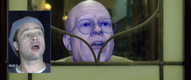 The old way: actor Brad Pitt's facial expressions being mimicked into a real-time flexible mesh by VFX lead El Ulbrich and team, for David Fincher's 'The Curious Case of Benjamin Button' (2009)