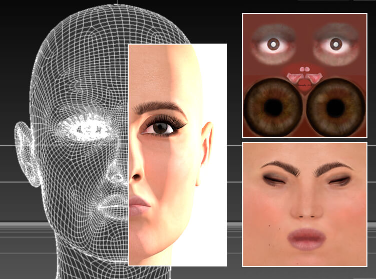 A traditional CGI head comprising vector-based mesh, point information and texture detailing, among other facets