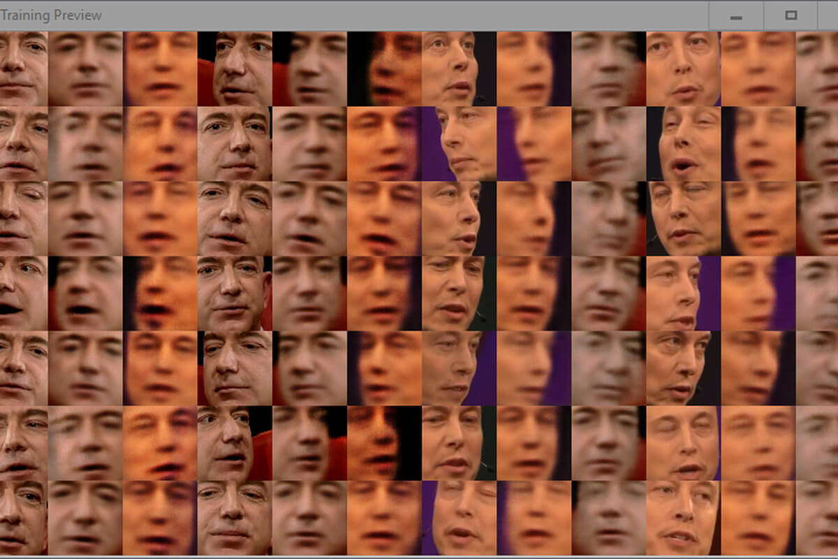 Face-swapping software in action, as a journalist trains a machine learning model designed to swap faces between Jeff Bezos and Elon Musk. The preview window shows how near the model is getting to achieving a photorealistic swap. Full training can take anywhere between six hours and a week, depending on the configuration. Once trained, the model can spit out face-swapped images in seconds, and videos in minutes.